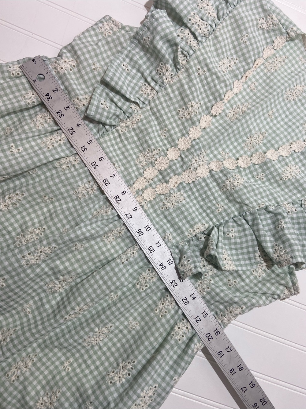GiGiO Prairie Ginham Floral Embroidery Midi Dress Size M Sage/Cream Pockets - Picture 10 of 12